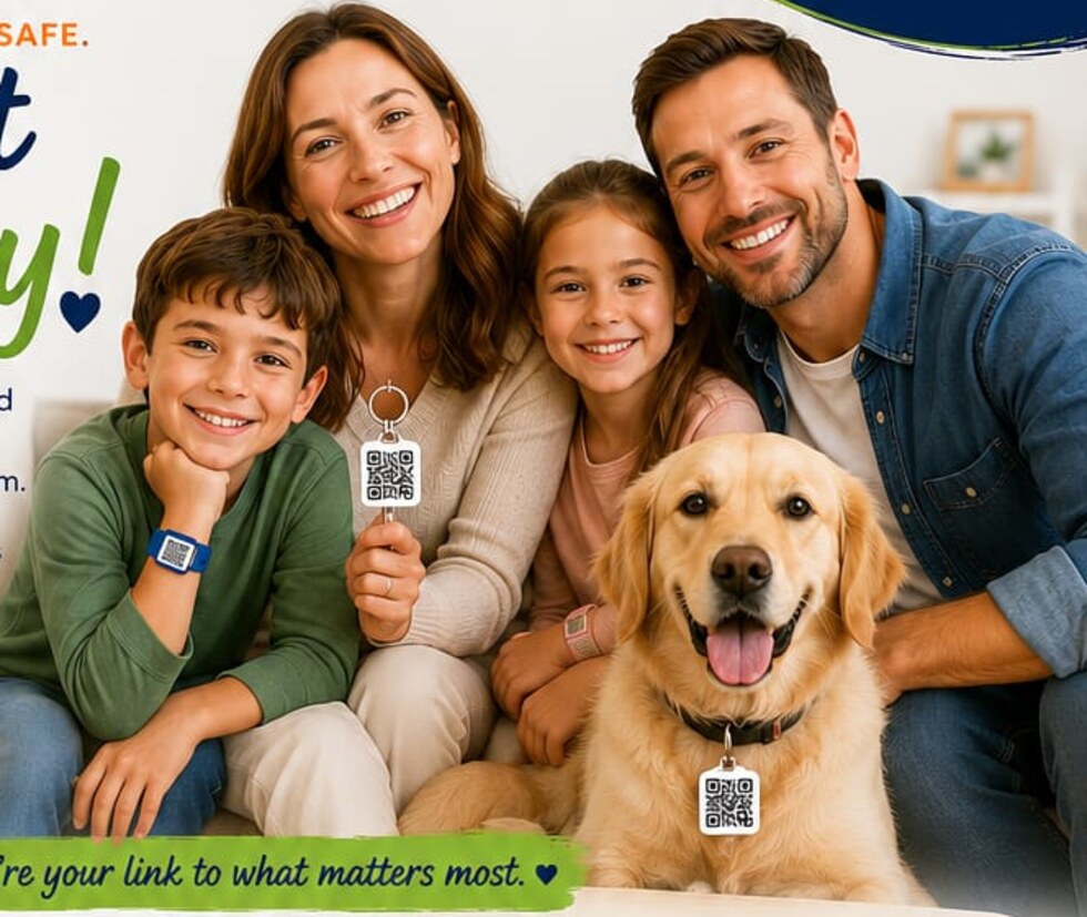 A family with two children and a dog using SafeLink products